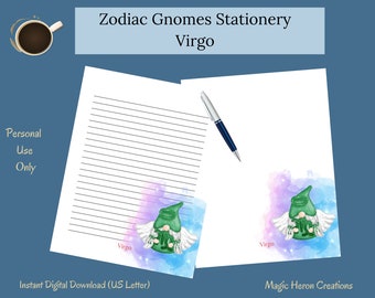 Virgo Gnome Printable Stationery Set, Letter Writing Paper, Lined, Unlined, Notepaper for Women, Zodiac Astrological Horoscope Signs