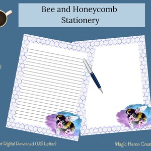 May include: Printable stationery featuring a bee and honeycomb design. The paper has a blue honeycomb pattern border and lined writing space. The bee is surrounded by flowers and a watercolor background.