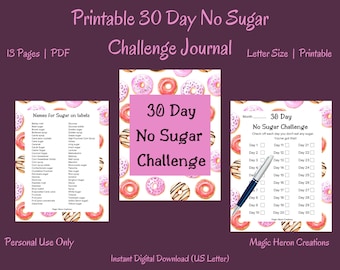 Sugar Detox, 30 Day Challenge Printable, No Sugar Challenge Journal, Checklist Printable, Habit Tracker Digital Journal, Meal Plan, Donuts