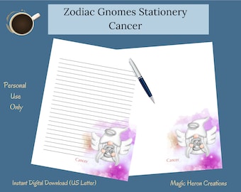 Cancer Gnome Printable Stationery Set, Letter Writing Paper, Lined, Unlined, Notepaper for Women, Zodiac Astrological Horoscope Signs