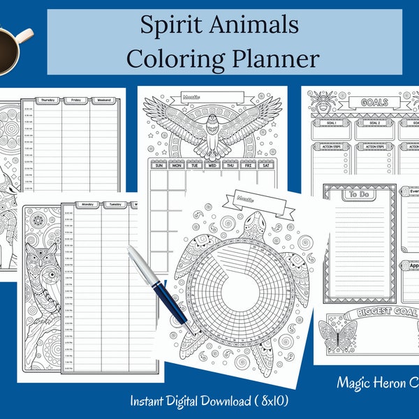 Spirit Animals Coloring Journal, Animal Guide, Spirit Totem Animal, Spirit Companion, Undated Planner, Goal Tracker, Use with Your Journal