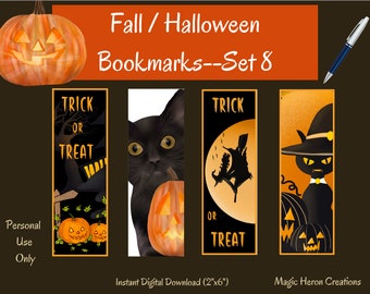 Black Cat Bookmark, Halloween Bookmarks Kids Printable, Halloween Bookmarks for Kids, Trick or Treat Book, Witch, Pumpkin Bookmark Set 8