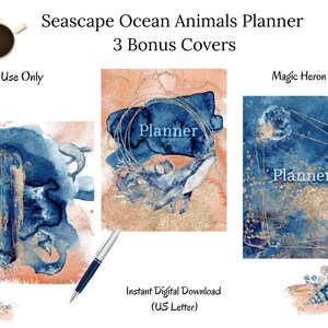 Planejador semanal para impressão Segunda-feira Iniciar planejador Calendários Planejador de trabalho Planejador diário Seascape Ocean Animals Aquarela Carta 8,5x11