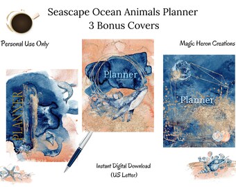 Printable Weekly Planner Monday Start Planner Calendars Work Planner Everyday Planner Seascape Ocean Animals Watercolor Letter 8.5x11