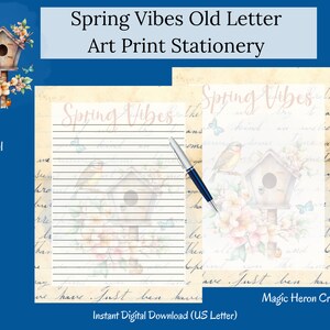 Spring Vibes Bird Butterfly en Birdhouse, papelería imprimible, fondo de carta escrita a mano vintage, suministros de diario, escritura de cartas