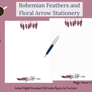May include: Printable stationery featuring a bohemian style design with pink feathers, floral arrows, and the text "Magic Heron Creations". The text "Instant Digital Download (US Letter Resize As You Like)" is also included.