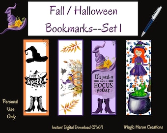Halloween Bookmarks Printable, Witches, Pumpkins, Cauldron, Halloween Bookmarks for Kids, Halloween Bookmarks Bulk, PDF Set 1