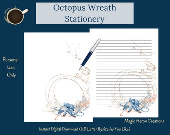 Octopus Wreath -- Watercolor -- Printable Letter Writing Paper -- Stationery
