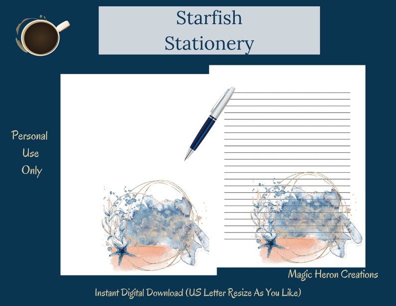 May include: Printable stationery featuring a watercolor illustration of a starfish, seashells, and ocean waves in shades of blue and gold. The text "Magic Heron Creations" and "Instant Digital Download (US Letter Resize As You Like)" is at the bottom of the page.