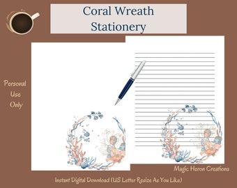 Coral Wreath -- Watercolor -- Printable Letter Writing Paper -- Stationery