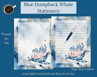 Blue Humpback Whale -- Watercolor -- Printable Letter Writing Paper -- Stationery