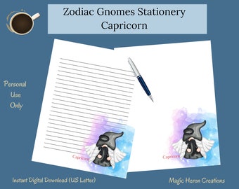 Capricorn Gnome Printable Stationery Set, Letter Writing Paper, Lined, Unlined, Notepaper for Women, Zodiac Astrological Horoscope Signs