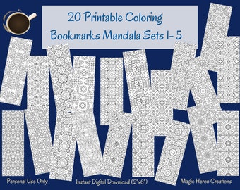 20 Mandala Color Your Own Bookmarks, Mandala Bookmark, Bookmark Meditation Coloring, Coloring Bookmark PDf, Bookworm Gifts, Printable, #1-5