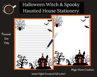 Halloween Witch and Spooky Haunted House Stationery Writing Paper - Printable Stationary Paper Digital Paper Instant Download Letter Size