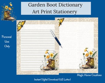 Dictionary Paper, Garden Boot Butterfly Floral Stationery, Antique Book Pages, Vintage Dictionary Art Print, Printable Junk Journal Ephemera