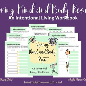 Könnte beinhalten: Ein digitales Arbeitsbuch mit dem Titel "Spring Mind and Body Reset" und dem Untertitel "Ein Arbeitsbuch für bewusstes Leben". Das Cover zeigt florale Illustrationen und den Text. Das Arbeitsbuch enthält Seiten für Selbstpflege und Dankbarkeit.