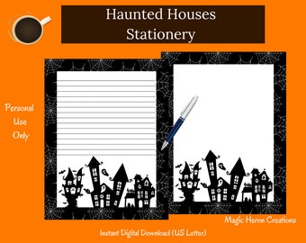 Halloween Haunted Houses Stationery Writing Paper - Printable Stationary Paper Digital Paper Instant Download Letter Size