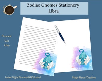 Libra Gnome Printable Stationery Set, Letter Writing Paper, Lined, Unlined, Notepaper for Women, Zodiac Astrological Horoscope Signs