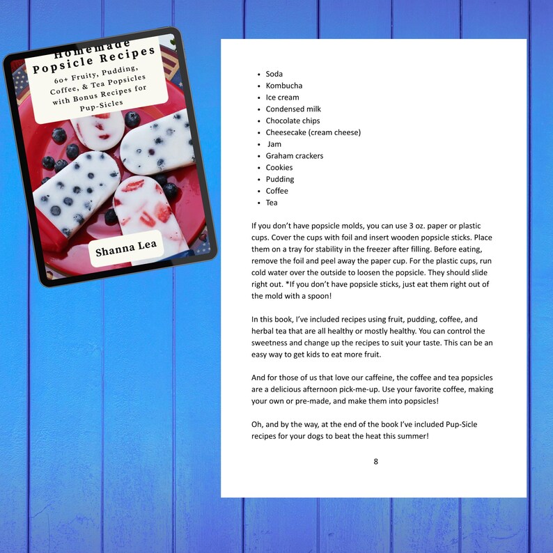 Puede incluir: Una portada de libro digital titulada Homemade Popsicle Recipes de Shanna Lea con paletas de frutas en un plato rojo, junto a una p&aacute;gina de texto que enumera ingredientes como refresco, kombucha y helado, con instrucciones para usar vasos de 85 ml.