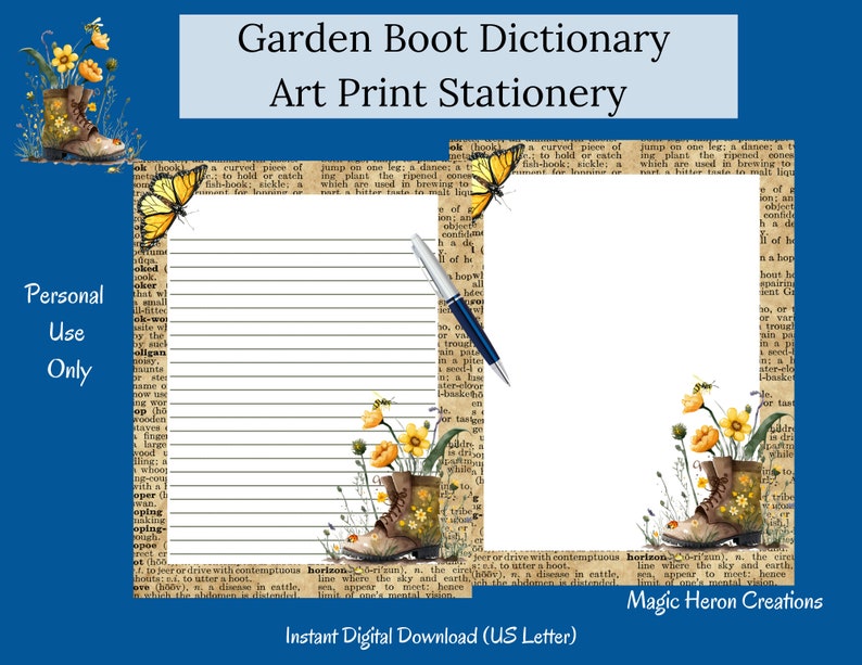 Digital Dictionary Pages, Garden Boot Floral Stationery, Old Book Pages, Vintage Dictionary Art Print, Printable Junk Journal Ephemera image 1