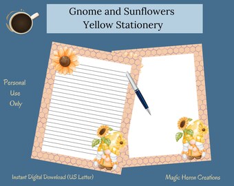 Gnome and Sunflowers on Honeycomb Printable Stationery, Yellow, Letter Writing Paper, Lined, Unlined, Planner Inserts, Notepaper for Women