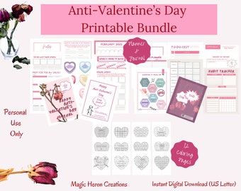 Anti-Valentine’s Day Planner & Journal with Anti Valentine’s Day Heart Coloring Pages Bundle, Feb 15, February 2022 Calendar, Candy Hearts