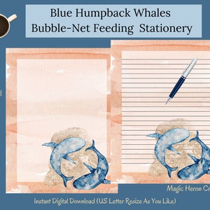 Blue Humpback Whales – Bubble-Net Feeding -- Watercolor -- Printable Letter Writing Paper -- Stationery