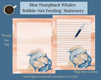 Blue Humpback Whales – Bubble-Net Feeding -- Watercolor -- Printable Letter Writing Paper -- Stationery