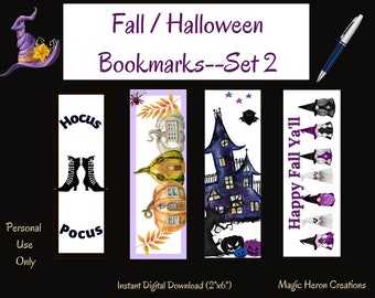 Halloween Bookmarks Printable, for Halloween Gnome Journal, Gnome Bookmark, Witches, Pumpkins, Haunted House, Bookmarks Bulk, PDF Set 2