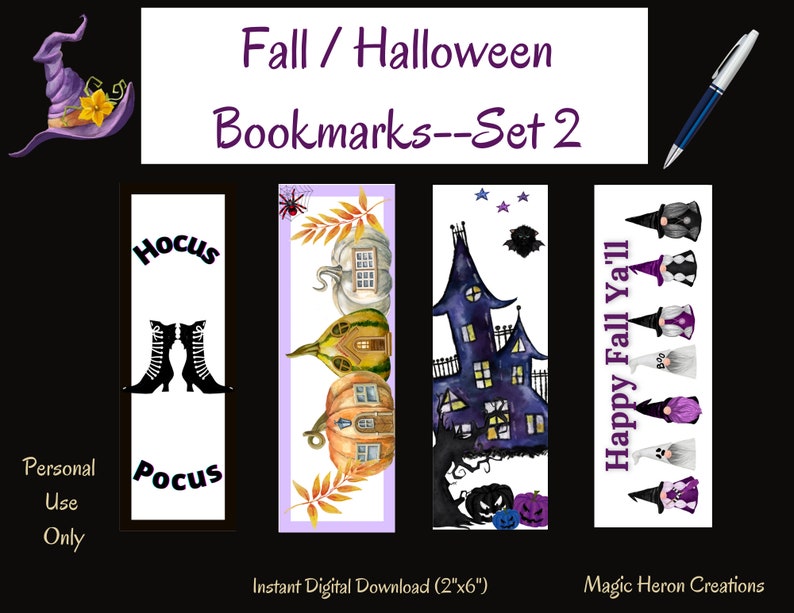 May include: Set of four printable Halloween bookmarks. The bookmarks feature a witch's hat, a pair of witch's boots, a house with pumpkins, a haunted house, and a group of gnomes. The text on the bookmarks reads "Hocus Pocus", "Happy Fall Ya'll", and "Instant Digital Download (2"x6")".