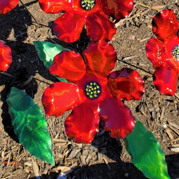 Poppie's Red Collection: Gorgeous Metal Flower Stake, garden art, gift, Garden Stake, Home Decor, Floral Decor, Colorful, Zen Garden