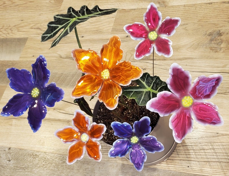 Tropical Candy Color Metal Flower Stake: Iridescent Garden Art image 5