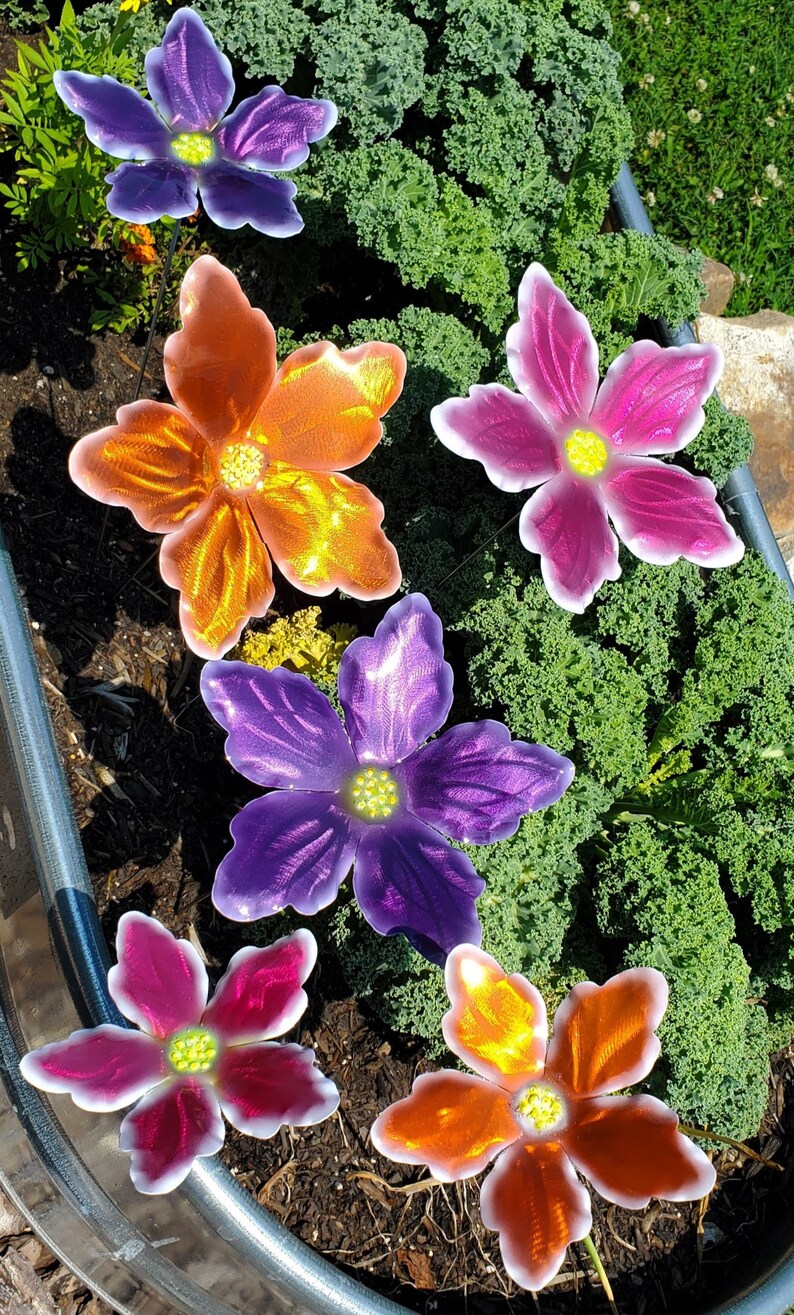 Tropical Candy Color Metal Flower Stake: Iridescent Garden Art image 6