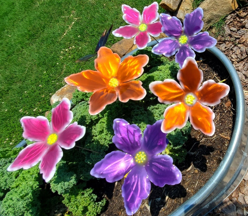 Tropical Candy Color Metal Flower Stake: Iridescent Garden Art image 1