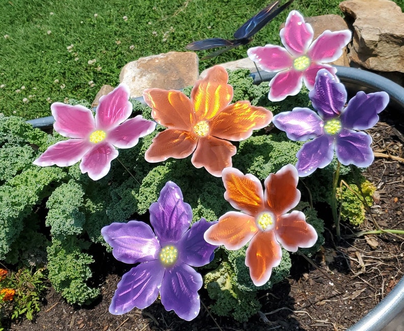 Tropical Candy Color Metal Flower Stake: Iridescent Garden Art image 4