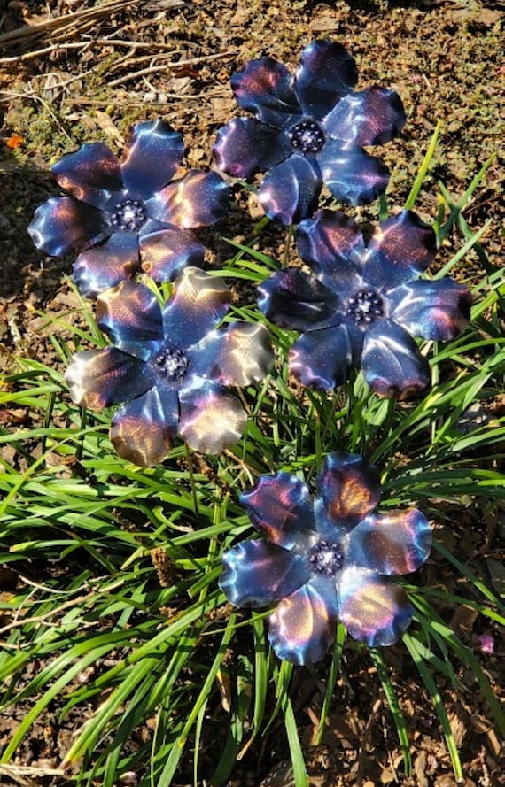 Torched Metal Flower Stake: Iridescent Garden Art