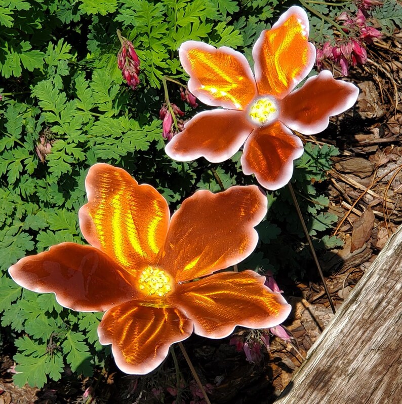 Tropical Candy Color Metal Flower Stake: Iridescent Garden Art Orange