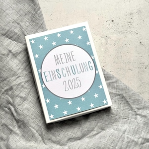 Gästebuchkarten Einschulung 2025 - Erinnerungskarten an den 1. Schultag - blau inkl. weißer Aufbewahrungsbox