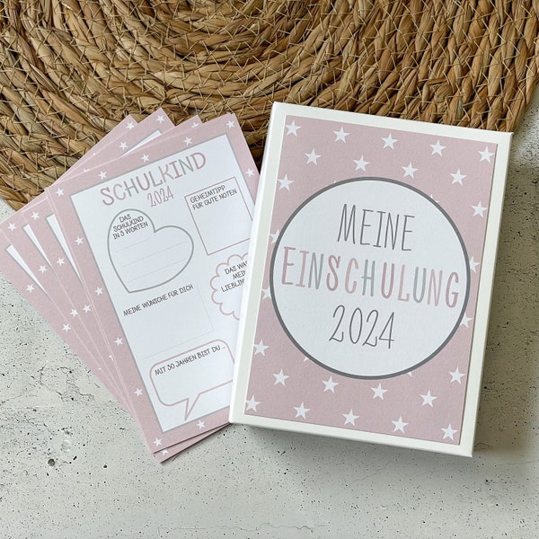 Einschulung 2024 - 20 Gästebuchkarten für den Schulstart - Erster Schultag Mädchen - rosa, inkl. Box