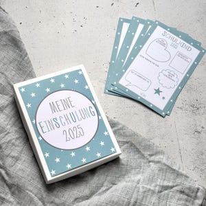 Schulkind 2025 - 20 Gästebuchkarten für Einschulung Junge - blau - inkl. Box