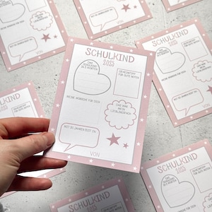 Einschulung 2025 - 20 Gästebuchkarten für den Schulstart - Erster Schultag Mädchen - rosa, inkl. Box