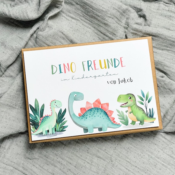 personalisierte Dino Freundebuch-Karten Kindergarten, DIN A5 inkl. Aufbewahrungsbox, Geschenk Kindergartenkind