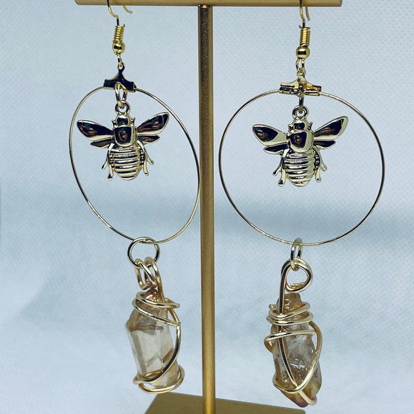 Gold Bee Amber Luster Quartz Hoop Earrings