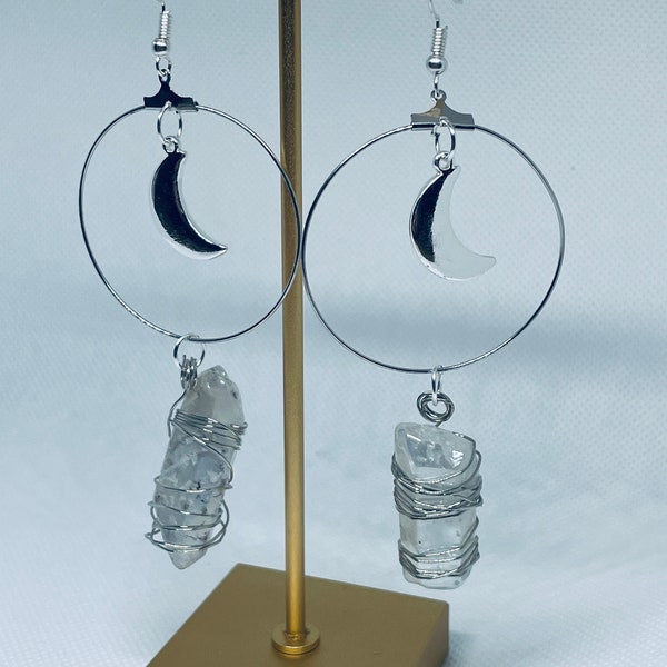 Silver Moon Hoop Earrings | Crystal Quartz