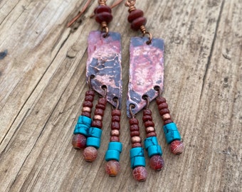 Turquoise and Red Copper Dangle Earrings, Flame Painted, Unique Earrings