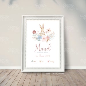 Cartel de nacimiento de conejo floral | cartel infantil