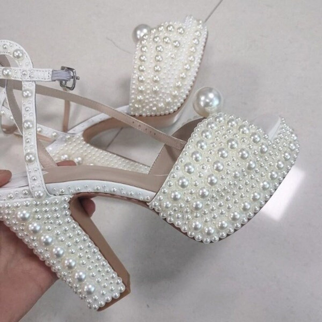 Handmade Pearl Platform Block Wedding Heel, Peep-toe Bridesmaid Sandal ...
