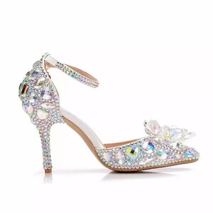 Hand-embellished Crystal Rhinestone Wedding Party Heels, Fairytale Cinderella Pointed Toe Sandal, 7cm or 5cm Heel