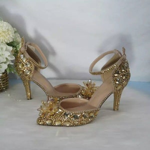Hand embellished gold crystal rhinestone wedding party heels, fairytale Cinderella heels, with or without crystal flower