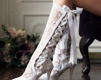 Handmade elegant lace victorian style pointed toe wedding boots with lace-up ribbon, vintage lace bridal party, heel boots